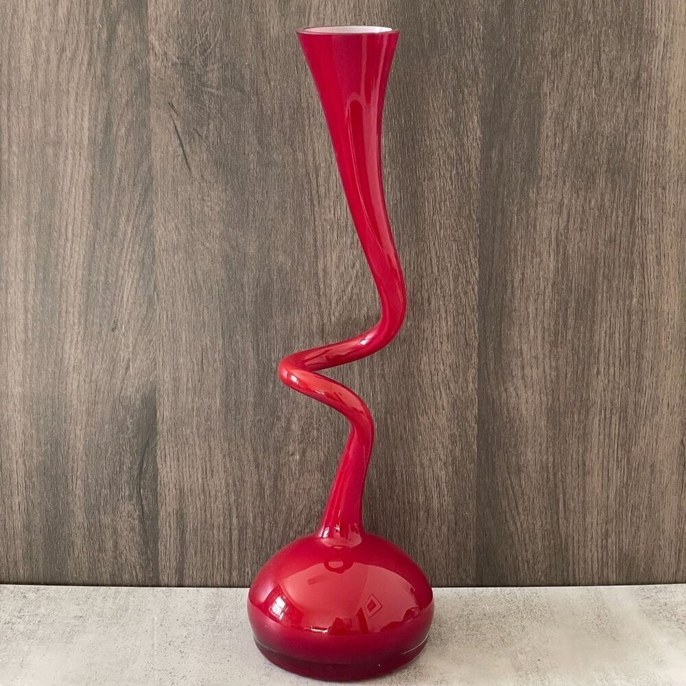 Normann Copenhagen Denmark Vintage Red Cased Glass Corkscrew Swing Vase 16"